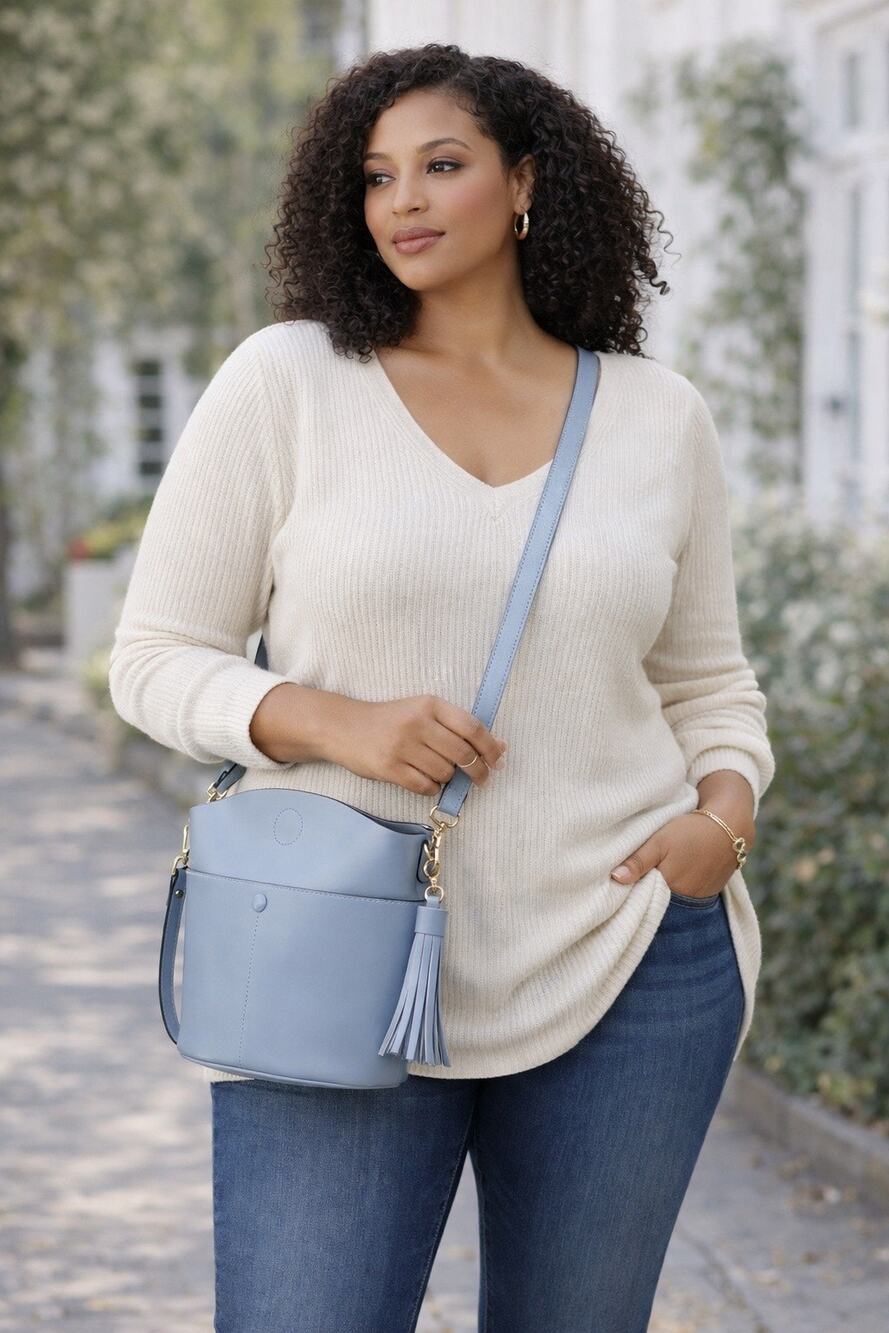 S-ZONE genuine Leather Shoulder Bucket Bag Blue Purse 12”x8”x5” Pockets